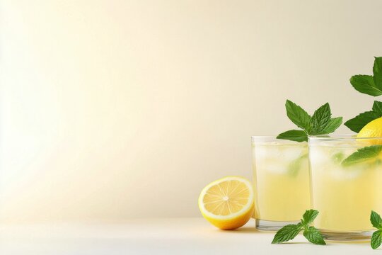 Refreshing summer lemonade with mint and lemon slices in clear glasses on a light background