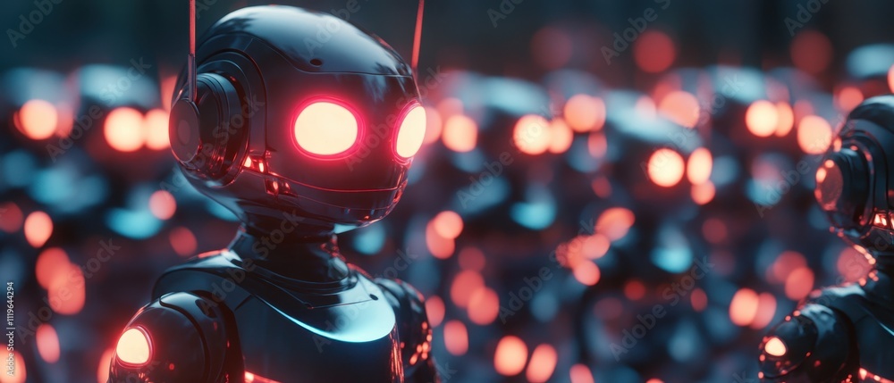 Poster robots gather with glowing red eyes in an advanced technology landscape during a futuristic event