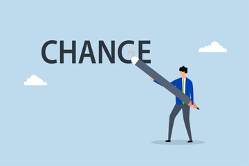 Turn change into chance, clever businessman employing an eraser to transform letters from change into chance. 