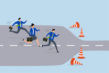 Bottleneck make business run slow, Business individuals sprint along broad path to arrive at tight, sluggish bottleneck. 