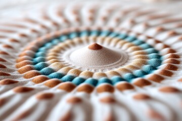 Intricately arranged colored sand forms a mesmerizing mandala pattern on a smooth surface, radiating serenity and artistic expression.