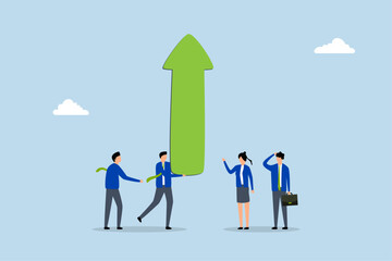 Business growth and risk to fall down, businessman holds large upward arrow alongside a colleague. 