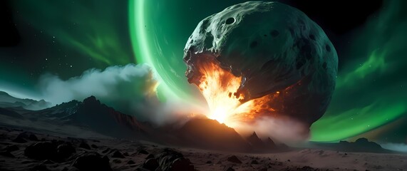 A massive asteroid breaking apart as it grazes the atmosphere of a vibrant exoplanet with green clouds