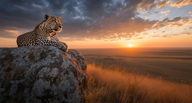 Leopard resting on a rocky hill at sunset