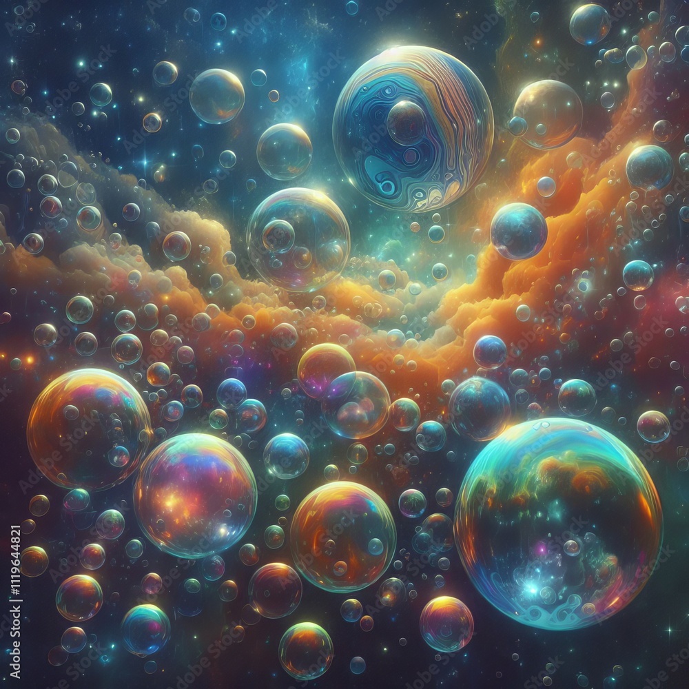 Aufkleber bubble universe overlapping bubbles with reflections of tiny pla