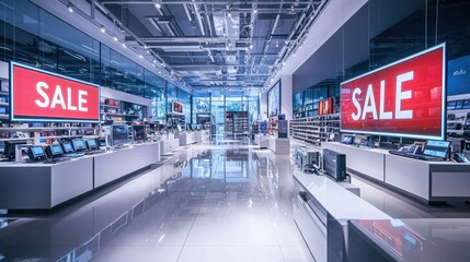 Sale event at modern electronics store featuring bright displays and organized aisles