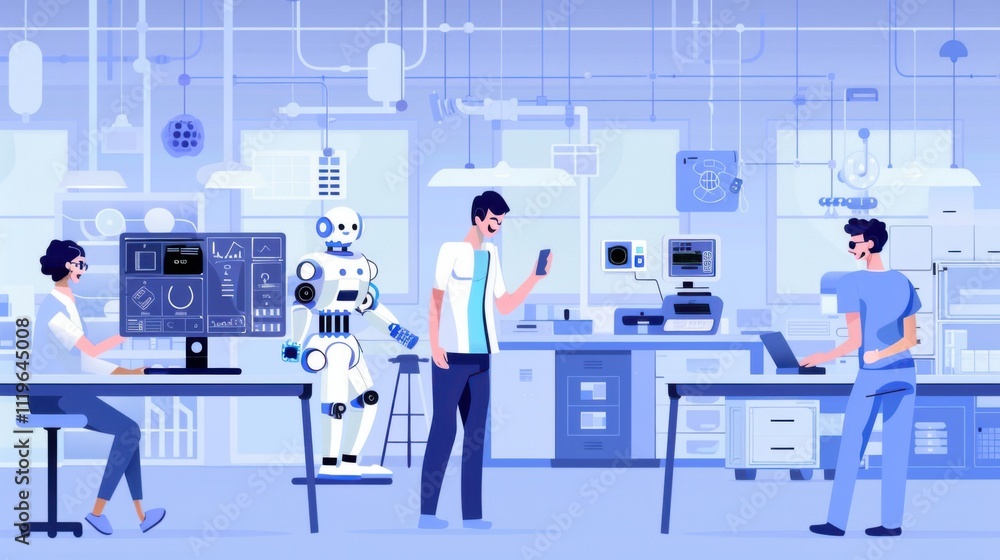 Poster engineers using gadgets to connect robot during their teamwork in the laboratory