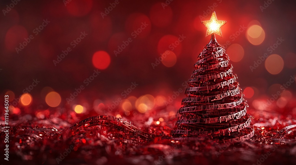 Poster a festive red christmas tree adorned with a glowing star, set against a shimmering background of red