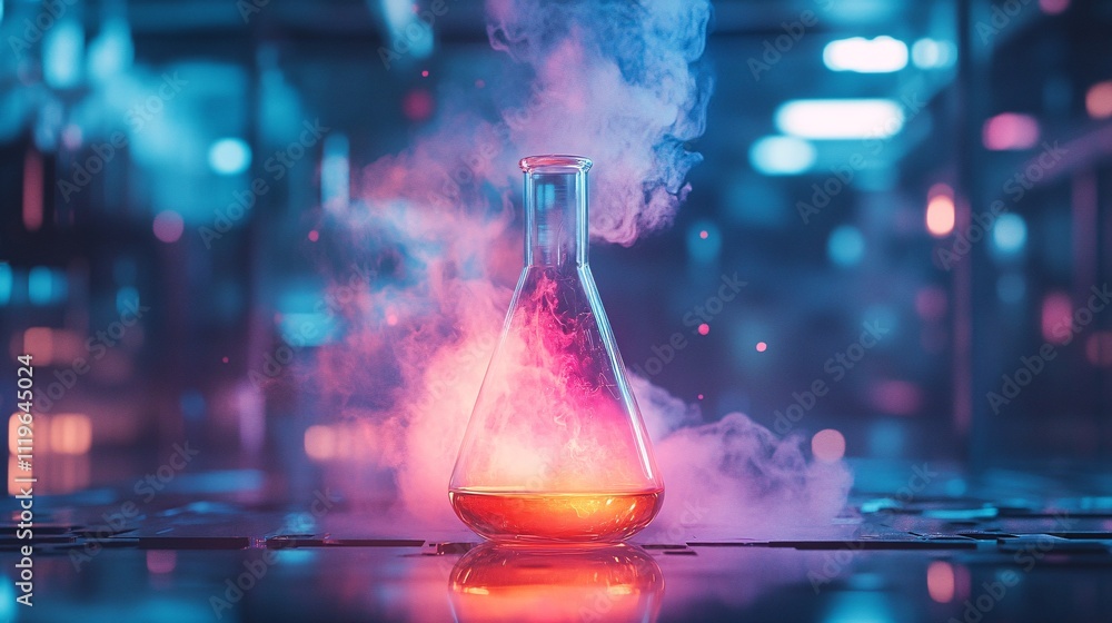 Poster a glowing flask emits colorful smoke in a dimly lit laboratory, creating a mystical and scientific a