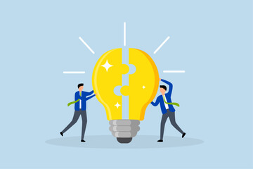 Teamwork, businessman collaborators associate link idea pieces interlock collectively. 