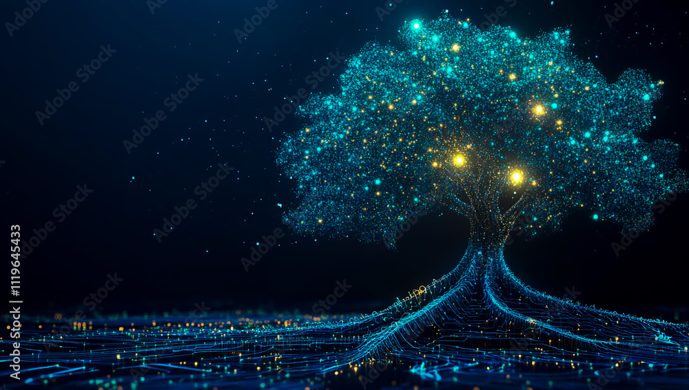 Poster a digital tree with branches and roots made of glowing data points symbolizes the growth and develop