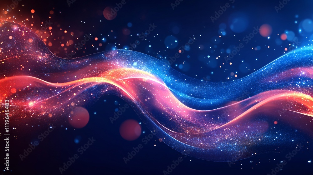 Poster a vibrant, abstract swirl of red and blue light with sparkling particles against a dark background, 