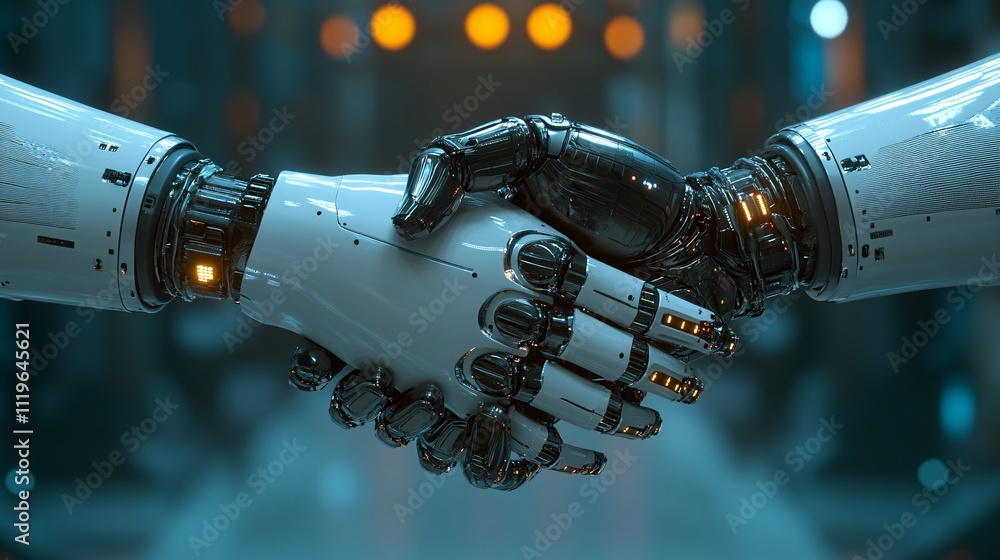 Aufkleber a futuristic handshake between a robotic hand and a mechanical one, symbolizing unity and collaborat