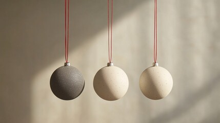 Three hanging decorative spheres in varying shades of gray and white, illuminated by soft natural light, creating a minimalist aesthetic.