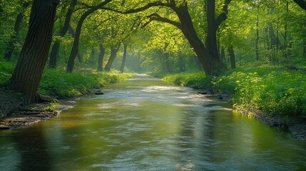 Naklejka premium Sunlit stream flowing through lush green forest.
