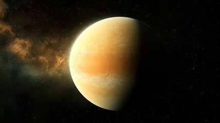A half-lit exoplanet with swirling clouds and nebula in space.
