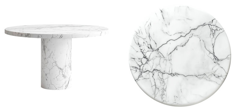 round white marble table with detailed veining top and side view