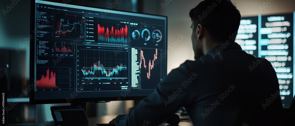 Poster young man working at a computer in a modern office setting during afternoon hours