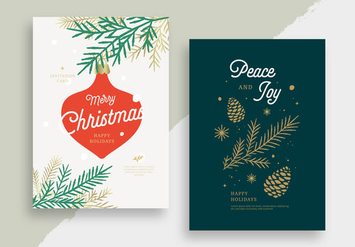 Christmas Invitation Card Template with Red Ornament and Pine Branches