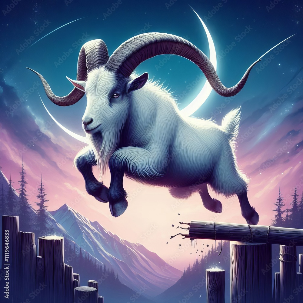 Poster capricorn goat jumping over a obstacle with a fearless and confi