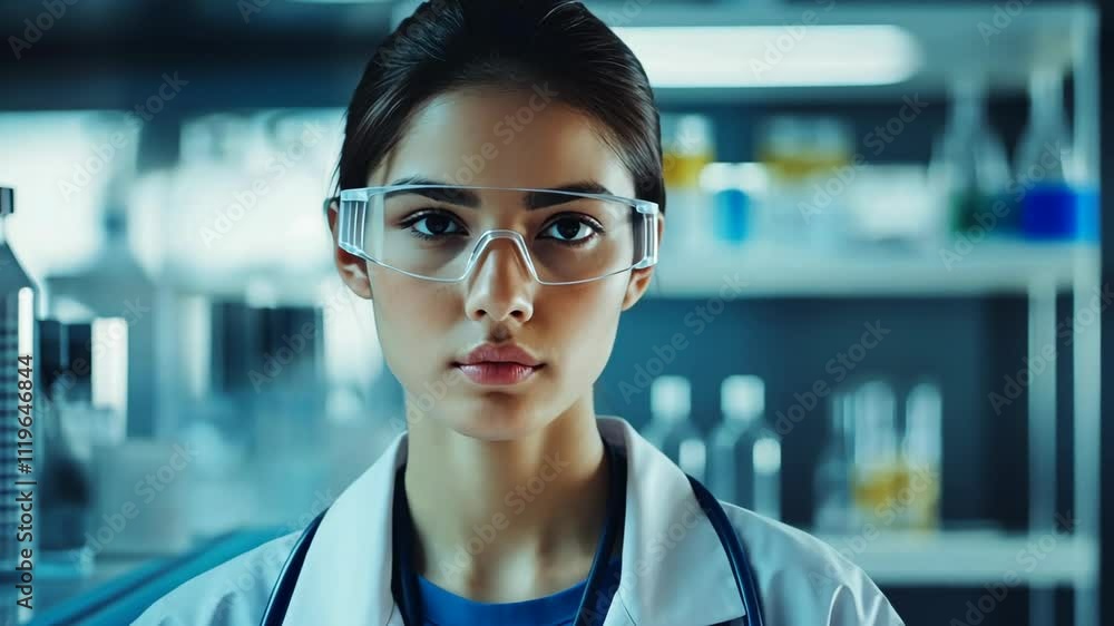 Poster young scientist focused on research in a laboratory setting with glassware and equipment visible in 