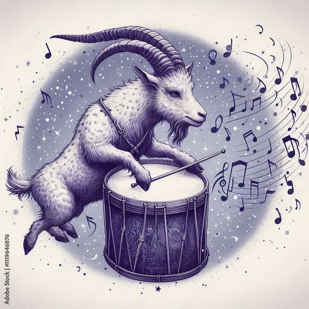 Poster capricorn goat playing a drum with music notes floating through