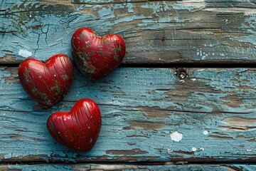 Three red hearts on weathered blue and brown wood. background removed