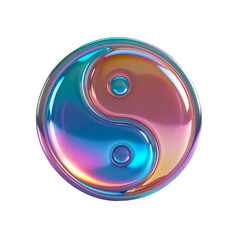 3D chrome element in Y2K style, isolated background, liquid holographic metal. Colorful metallic and shiny symbol of the yin and yang, balance and harmony.