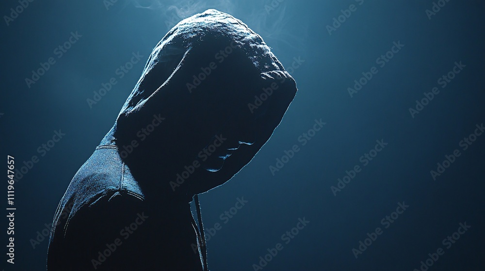 Poster a shadowy figure in a hoodie is illuminated against a dark background, creating a mysterious and int