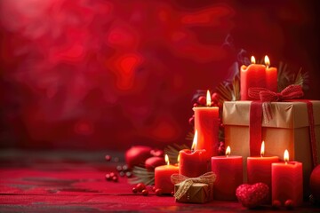 Red candles burning on a gift box with Christmas decor. background removed