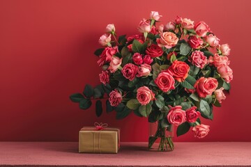 Pink and red roses in a vase with a gift box on a red background background removed