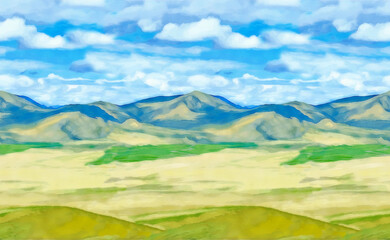 Website design element. Repeating raster pattern, seamless nature ornament stripe. Seamless frame with mountain motifs. Tibet, travel, tourism. Seamless horizontal stripe of hill, valley. Watercolor.