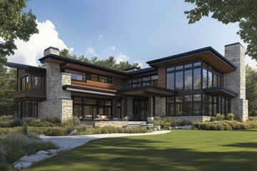 Fototapeta premium Modern luxury villa expansive windows wood and stone exterior flat roof design prairie style architecture