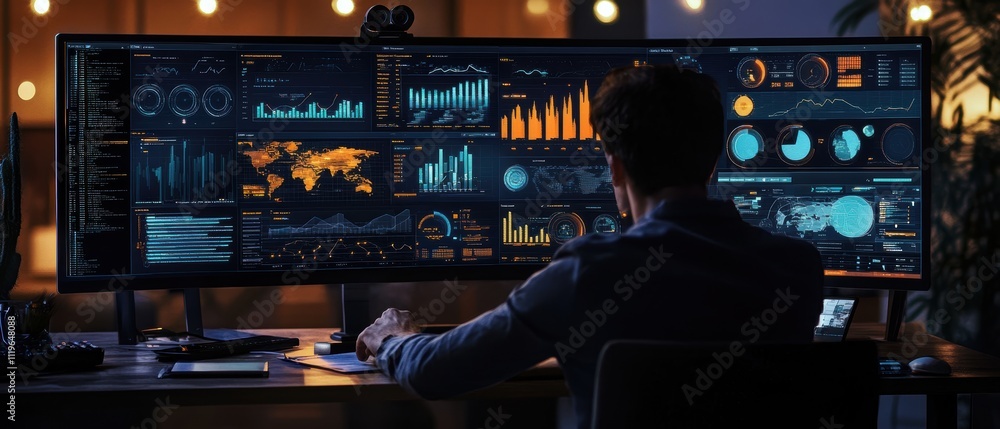 Poster data analyst working on multiple screens in a modern office during the evening hours