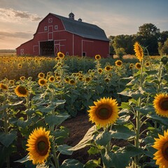 "A simple countryside garden with rows of sunflowers and a red barn in the distance."

