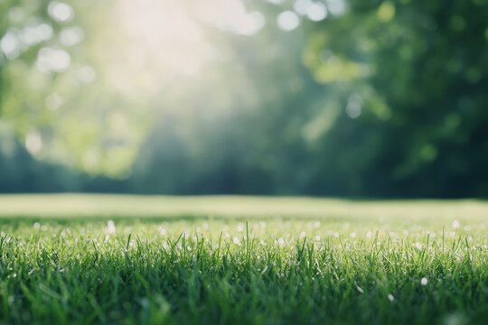 Dewy grass glistens under soft morning light in a tranquil natural setting