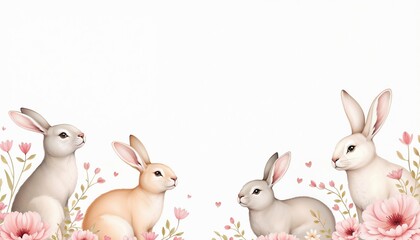 Cute rabbits with floral decor in pastel colors