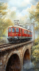 Fototapeta premium Electric train crossing a historic bridge in autumn scenic artwork nature vibrant landscape view travel concept