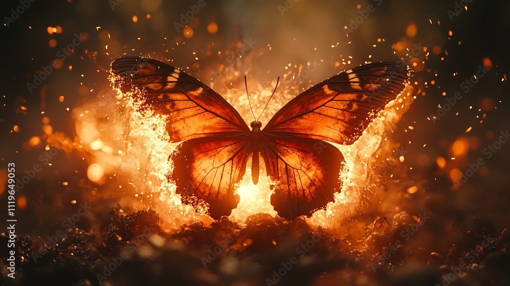 Poster surreal explosion transforms into a swarm of fiery butterflies in mid flight