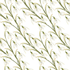 White spring flowers seamless pattern with fresh white snowdrops watercolor illustration. Hand drawn floral background for wedding textile, fabric, invitation, concept design
