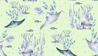 Watercolor seamless pattern with underwater creatures and sea plants isolated. Soft blue monochrome marine life elements ray fish, seaweeds hand drawn. Sea world on botanical texture and ray fish.