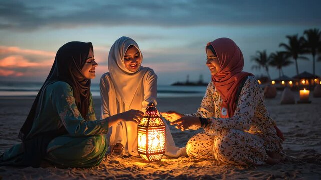 Female friends sitting around a ramadan lantern on eid on the beach - Religious celebration concept - Models by AI generative