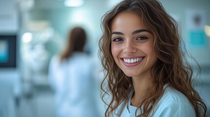 Obraz premium Smiling young woman in medical uniform at a dental clinic