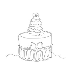 Christmas cake with tree decor in one-line drawing style. Vector minimalist illustration.