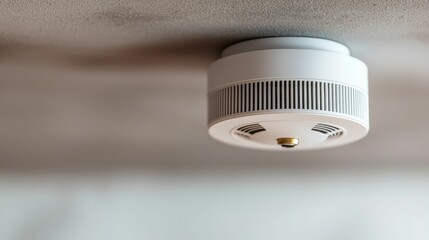 A modern smoke detector mounted on a ceiling, featuring a sleek design and multiple sensors for safety.