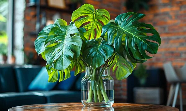 A vase filled with vibrant green monstera leaves on a wooden table in a cozy interior setting.