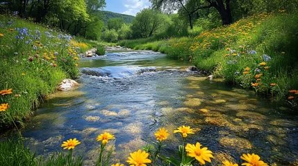 Fototapete Serene stream flowing through vibrant wildflower meadow in sunny forest landscape © EvgeniiasArt