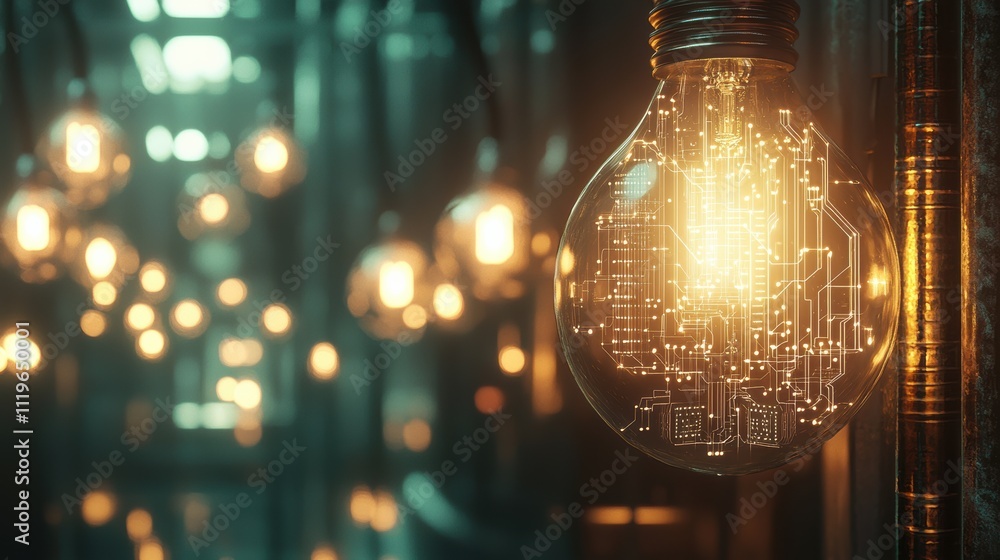 Poster illuminating technology in action futuristic light bulb display industrial environment close-up view
