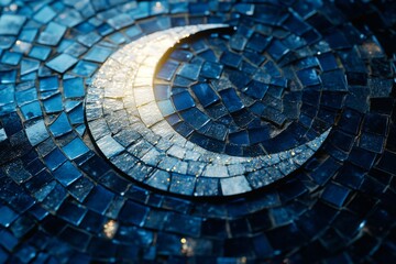 Fototapeta premium A shimmering mosaic of a crescent moon made of blue and gold tiles, capturing the allure of night and celestial beauty.