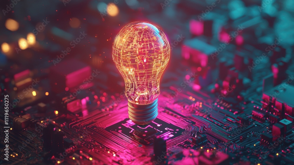 Poster microchip circuit board illuminating technology with light bulb concept in futuristic design